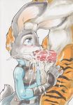  2016 anthro balls blush clothed clothing cum cum_in_mouth cum_inside daigaijin disney duo feline fellatio female hand_on_head judy_hopps lagomorph male male/female mammal nude oral penis rabbit sex stripper_tiger_(zootopia) tiger zootopia 