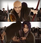  ayasegawa_yumichika back-to-back bald bleach blood blood_on_face bloody_weapon crowd cuts fighting_stance grin holding holding_sword holding_weapon injury japanese_clothes katana looking_at_viewer madarame_ikkaku multiple_boys purple_eyes purple_hair scabbard sheath shoulder_pads smile smirk split_screen surrounded sword unsheathed weapon yukin_(es) 