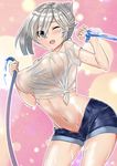  blue_eyes breasts covered_nipples eyebrows folded_ponytail hamakaze_(kantai_collection) hose kantai_collection large_breasts navel nipples one_eye_closed open_mouth see-through shirt short_shorts shorts silver_hair sin_(kami148) solo teeth water wet wet_clothes white_shirt 