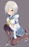  black_legwear blue_eyes blush breasts eyes_visible_through_hair gloves hair_ornament hair_over_one_eye hairclip hamakaze_(kantai_collection) highres kantai_collection large_breasts one_eye_closed pantyhose school_uniform serafuku short_hair short_sleeves silver_hair solo white_gloves yoshiki360 