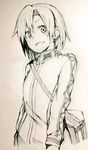  bag commentary_request cosplay hayasui_(kantai_collection) hayasui_(kantai_collection)_(cosplay) jacket kantai_collection looking_at_viewer maikaze_(kantai_collection) monochrome open_mouth shoulder_bag sketch solo traditional_media tsukamoto_minori 