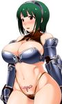  armor bikini_armor blush breasts brooch brown_panties cleavage gauntlets green_hair hairband highleg highleg_panties idolmaster idolmaster_(classic) jewelry large_breasts mole mole_under_mouth namidame navel open_mouth otonashi_kotori panties pubic_hair pubic_hair_peek red_eyes short_hair solo tattoo transparent_background underwear 
