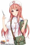  :d breasts clipboard hat hiiragi_hajime large_breasts long_hair looking_at_viewer nurse nurse_cap open_mouth original pink_eyes pink_hair simple_background smile solo standing syringe white_background 