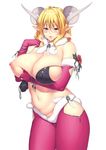  blonde_hair breasts breath covered_nipples deep_skin elbow_gloves flower fur_trim gloves hakai_shin highres horns huge_breasts one_breast_out original pants pointy_ears puffy_nipples pussy_juice pussy_juice_drip_through_clothes solo 