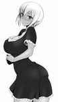  ass blush breasts cleavage dark_elf dark_skin dress elf from_behind greyscale large_breasts looking_at_viewer looking_back monochrome namidame pointy_ears shadowcore short_hair solo sweat 