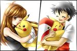  baseball_cap black_hair blue_(pokemon) blue_(pokemon)_(classic) brown_eyes brown_hair dress gloves happy hat hug pikachu pokemon pokemon_(game) pokemon_rgby red_(pokemon) red_(pokemon)_(classic) yuino_(fancy_party) 