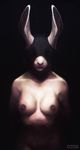  2015 anthro areola bdsm black_background blindfold breasts digital_media_(artwork) female front_view hi_res hood lagomorph leather long_ears mammal nipples nude oouna pinup pose rabbit sensory_deprivation simple_background solo whiskers 