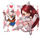  1girl :3 animal_ears bad_id bad_twitter_id bikini blush boots breasts cat cat_ears cat_tail choker claws cleavage commentary_request elbow_gloves fang fish fish_in_mouth fur fur_trim garen_crownguard gloves katarina_du_couteau korean_commentary league_of_legends medium_breasts nabicarol_(na_lolol) paw_gloves paws red_hair scar scar_across_eye swimsuit tail thigh_strap twitter_username v-shaped_eyebrows yellow_eyes 