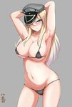  areola_slip areolae armpits arms_up bikini bismarck_(kantai_collection) blonde_hair blue_eyes breasts hat highres kantai_collection kurokku large_breasts long_hair micro_bikini military_hat peaked_cap solo swimsuit 