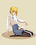  absurdres ahoge animal animal_on_lap arm_support artoria_pendragon_(all) bad_id bad_pixiv_id bangs beige_background black_legwear blonde_hair blue_ribbon blue_skirt braid calico cat cat_on_lap closed_mouth collared_shirt eyebrows eyebrows_visible_through_hair fate/stay_night fate_(series) full_body green_eyes hair_bun hair_ribbon high-waist_skirt highres leaning_back long_sleeves looking_at_viewer neck_ribbon no_shoes outstretched_arm pantyhose pencil_skirt ribbon saber shirt sidelocks sitting skirt sleeping smile solo wariza white_shirt zhano_kun 