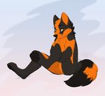  2016 animal_genitalia balls black_fur fur kwik male nude orange_fur raised_leg sheath sitting solo unknown_species yellow_eyes 