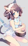  1girl :o animal_ears arisugawa_maple babydoll bad_id bad_pixiv_id bangs black_hair blue_eyes blue_nails blue_panties blush bow bow_bra bra breasts cat_ears cat_tail curly_hair cyan_(show_by_rock!!) eyebrows eyebrows_visible_through_hair frills from_above grey_background hair_ribbon hairband kneehighs large_breasts looking_at_viewer mayachi_(amuriya) nail_polish panties ribbon ringlets scarf see-through show_by_rock!! side-tie_panties simple_background sitting striped striped_scarf tail underwear underwear_only 