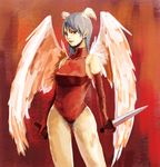  angel_wings armpits bare_shoulders breasts closed_mouth collarbone contrapposto dagger dual_wielding elbow_gloves feathered_wings final_fantasy final_fantasy_tactics gloves head_wings highres holding holding_weapon large_breasts legs_apart leotard long_hair red_eyes red_gloves sachiwo silver_hair skin_tight smirk solo standing sword turtleneck ultima_(fft) weapon white_hair white_wings wings 