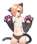  animal_ears bags_under_eyes bandages bell bell_collar blonde_hair blush cat_paws cat_tail collar earrings elbow_gloves flat_chest gloves hair_over_one_eye idolmaster idolmaster_cinderella_girls jewelry looking_at_viewer mugcan navel paw_gloves paws red_eyes sarashi shirasaka_koume short_hair smile solo tail 