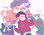  :&lt; :3 :d ahoge bangs child_drawing clothes_removed crayon dirty_face flower fume grey_background heart holding_clothes hood hoodie inhye lonely long_sleeves looking_to_the_side lying male_focus matsuno_choromatsu matsuno_ichimatsu matsuno_juushimatsu matsuno_karamatsu matsuno_osomatsu matsuno_todomatsu on_back open_mouth osomatsu-kun osomatsu-san parted_lips print_shirt shirt smile solo 