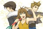  2boys blonde_hair breasts brown_eyes brown_hair final_fantasy final_fantasy_viii flipped_hair green_eyes jacket multiple_boys nunchaku open_mouth selphie_tilmitt short_hair smile squall_leonhart upper_body weapon zell_dincht 