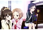  :d ;d absurdres alternate_hairstyle bed black_hair blush brown_eyes bunk_bed eye_contact flower forehead hair_flower hair_ornament hanasaku_iroha hand_on_another's_shoulder highres hood hoodie indoors jacket long_hair looking_at_another looking_at_mirror matsumae_ohana mirror multiple_girls official_art one_eye_closed open_clothes open_hoodie open_jacket open_mouth oshimizu_nako ponytail scan shorts sitting smile suzuki_misaki_(animator) thumbs_up tsurugi_minko twintails wavy_hair white_shorts 