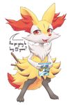  2016 ambiguous_gender black_fur braixen canine feral fox fur hi_res looking_at_viewer mammal nintendo open_mouth pok&eacute;mon red_eyes simple_background smile solo stick stoic5 tongue video_games white_background white_fur yellow_fur 
