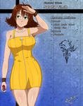  breasts brown_hair cowboy_shot final_fantasy final_fantasy_viii flipped_hair green_eyes malkior--x nunchaku selphie_tilmitt short_hair skirt smile solo typo weapon yellow_skirt 