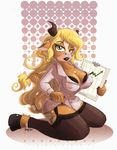  abstract_background blonde_hair bovine breasts cattle cleavage clothed clothing cloven_hooves don_ko female green_eyes hair hooves horn long_hair mammal nipple_bulge pinup pose sitting solo spots_(marking) 