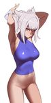  :&lt; adjusting_hair animal_ears armpits bottomless breasts cat_ears contrapposto final_fantasy final_fantasy_xiv halter_top halterneck large_breasts looking_at_viewer miqo'te no_pussy red_eyes shiny shiny_clothes solo standing tomoyuki_kotani white_hair 