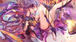  ahoge armlet bare_shoulders barefoot center_opening eschamali_(p&amp;d) highres mi_bait purple_hair puzzle_&amp;_dragons red_eyes solo tears 