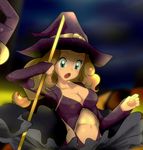  artist_request blonde_hair blue_eyes blush breasts cleavage embarrassed large_breasts navel pokemon serena_(pokemon) skirt skirt_lift wind_lift witch witch_hat yang_meiling 