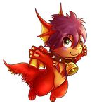  alpha_channel bell blush chibi chibity chibity_(character) collar dragon ear_fins female fin fur furred_dragon green_eyes hair hybrid paws red_fur red_hair simple_background solo spiked_collar transparent_background 