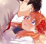  1boy 1girl artist_name bad_id bad_pixiv_id bangs black_eyes black_hair blush bow bowtie dress_shirt embarrassed eye_contact eyebrows eyebrows_visible_through_hair gekkan_shoujo_nozaki-kun hair_between_eyes hair_bow hetero long_hair long_sleeves looking_at_another mery_(apfl0515) necktie nozaki_umetarou orange_hair polka_dot polka_dot_bow purple_eyes red_bow red_neckwear sakura_chiyo shirt simple_background sketch sweatdrop upper_body wavy_mouth white_background white_shirt 