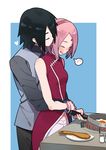  1girl black_hair boruto:_naruto_the_movie egg frying_pan haruno_sakura hug hug_from_behind husband_and_wife luo. naruto naruto_(series) pink_hair salt_shaker uchiha_sasuke 