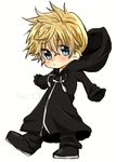  black_coat black_coat_(kingdom_hearts) black_footwear black_gloves black_pants blonde_hair blue_eyes blush chibi gloves hood hoodie kingdom_hearts male_focus pants rai_(lavi811) roxas shoes simple_background solo white_background 