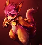  anthro bell chibity chibity_(character) collar dragon ear_fins female fin fur furred_dragon hair hybrid red_eyes red_fur red_hair simple_background solo spiked_collar 
