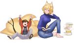  ^_^ alternate_costume animal_ears arms_up barefoot blonde_hair blue_pants blue_sweater book book_stack brown_hair casual cat_ears cat_tail chen clenched_hands closed_eyes contemporary denim fox_ears fox_tail full_body grey_pants hair_between_eyes hanten_(clothes) happy holding holding_book japanese_clothes jeans kinketsu leaning_back long_hair long_sleeves looking_at_another multiple_girls multiple_tails nekomata no_hat no_headwear open_book orange_eyes pants paper paw_print shirt short_hair simple_background sitting slippers smile sweater tail touhou turtleneck two_tails white_background wide_sleeves yakumo_ran 