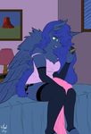  2016 almondhusky anthro anthrofied bed blue_hair clothed clothing cutie_mark equine feathered_wings feathers female friendship_is_magic hair hair_over_eye hi_res holding_object horn inside lamp legwear long_hair mammal my_little_pony on_bed princess_luna_(mlp) sitting solo winged_unicorn wings 