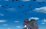  aircraft airplane akatsuki_(kantai_collection) commentary day flat_cap hat kantai_collection machinery multiple_girls purple_hair sazanami_(kantai_collection) sky usui_harusame 