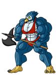  abs angry avian axe beak big_blue(character) big_breasts blue_feathers breasts feathers female green_eyes hi_res invalid_color melee_weapon muscular muscular_female red_underclothing starbound talons thick_thighs underclothing video_games weapon wide_hips 