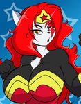  big_breasts breasts cat cleavage clothed clothing cosplay eliza feline female hair heterochromia huge_breasts long_hair looking_at_viewer mammal mastergodai mramp muscular muscular_female red_hair skimpy wonder_woman 