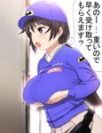  1girl black_hair blush breast_hold breast_lift breasts brown_eyes cap huge_breasts large_breasts long_hair open_mouth ponytail solo uniform 