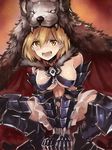  alternate_costume armor bangs berserker_(granblue_fantasy) black_legwear blonde_hair blush breasts djeeta_(granblue_fantasy) edobox fangs gauntlets granblue_fantasy hair_between_eyes large_breasts navel pelt short_hair solo squatting thighhighs underboob wolf wolf_pelt yellow_eyes 