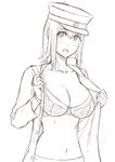  akitsu_maru_(kantai_collection) blush bra breasts cleavage gloves hat kantai_collection large_breasts monochrome open_clothes open_mouth open_shirt peaked_cap shirt short_hair sketch solo underwear yuuji_(and) 