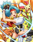  armpits ass belt blue_hair breasts capture_styler charizard fingerless_gloves flygon gen_1_pokemon gen_3_pokemon gloves headband hinata_(pokemon) jacket_on_shoulders large_breasts magneton plusle pokemoa pokemon pokemon_(creature) pokemon_ranger pokemon_ranger_uniform red_eyes skin_tight thighhighs 