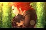  1girl axel_(kingdom_hearts) banana_gyuunyuu black_coat black_coat_(kingdom_hearts) black_gloves black_hair blue_eyes commentary_request crying crying_with_eyes_open facial_mark gloves green_eyes height_difference hood hoodie hug kingdom_hearts kingdom_hearts_358/2_days lens_flare parted_lips red_hair short_hair spiked_hair tears xion_(kingdom_hearts) 