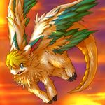 blonde_hair chibity claws cyan_eyes dragon fangs feathers feral flammie flying hair happy looking_at_viewer mana_(series) multicolored_feathers outside secret_of_mana short_hair sky solo twilight video_games white_feathers wings 