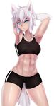  abs animal_ears aqua_eyes armpits arms_up bike_shorts breasts cowboy_shot fang highres midriff monster_girl muscle muscular_female navel original redamz short_hair silver_hair slit_pupils small_breasts solo sports_bra tail thick_thighs thighs wolf_ears wolf_girl wolf_tail 