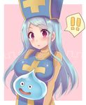  1girl asa_(coco) blue_hair blush bodysuit breasts dragon_quest dragon_quest_iii hat large_breasts long_hair orange_bodysuit priest_(dq3) red_eyes slime_(dragon_quest) solo speech_bubble tabard 