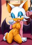  2013 anthro areola bat bbmbbf big_breasts blue_eyes breasts digital_media_(artwork) erect_nipples female hair looking_at_viewer mammal nipples one_eye_closed palcomix pussy rouge_the_bat smile solo sonic_(series) white_hair wings wink 