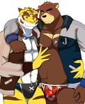  2016 abs anthro bear bearlovestiger13 biceps boxer_briefs bulge clothed clothing duo eyewear feline fur goggles hi_res jacket jewelry juuichi_mikazuki male mammal morenatsu muscular necklace nipples pecs tiger topless torahiko_(morenatsu) underwear whistle 