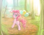  2016 balloon blue_eyes cutie_mark earth_pony equine female feral forest friendship_is_magic fur grass hair hi_res horse looking_at_viewer looking_back mammal mrs1989 my_little_pony nature outside pink_fur pink_hair pinkie_pie_(mlp) pony smile solo tree 