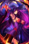  1girl black_sclera blazblue blazblue:_central_fiction breasts detached_sleeves dress fingernails glowing glowing_eye hair_over_one_eye hat highres impossible_clothes impossible_dress konoe_a_mercury large_breasts long_hair pink_hair sharp_fingernails short_dress slit_pupils solo strapless strapless_dress upskirt very_long_hair wallace_pires witch_hat yellow_eyes 