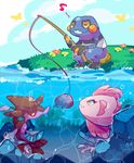 alomomola croagunk fishing fishing_rod nintendo pok&eacute;mon skrelp video_games water 